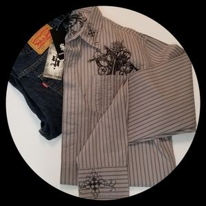 Snake Skull Guitar Indigo Star Pinstripe Shirt NWT